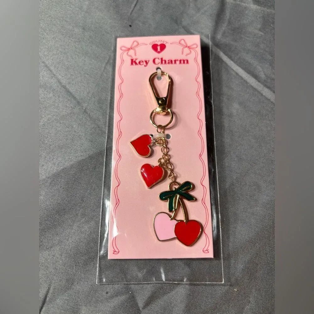 New Gold-Tone Heart & Bow Key Charm in Red, Pink & Green